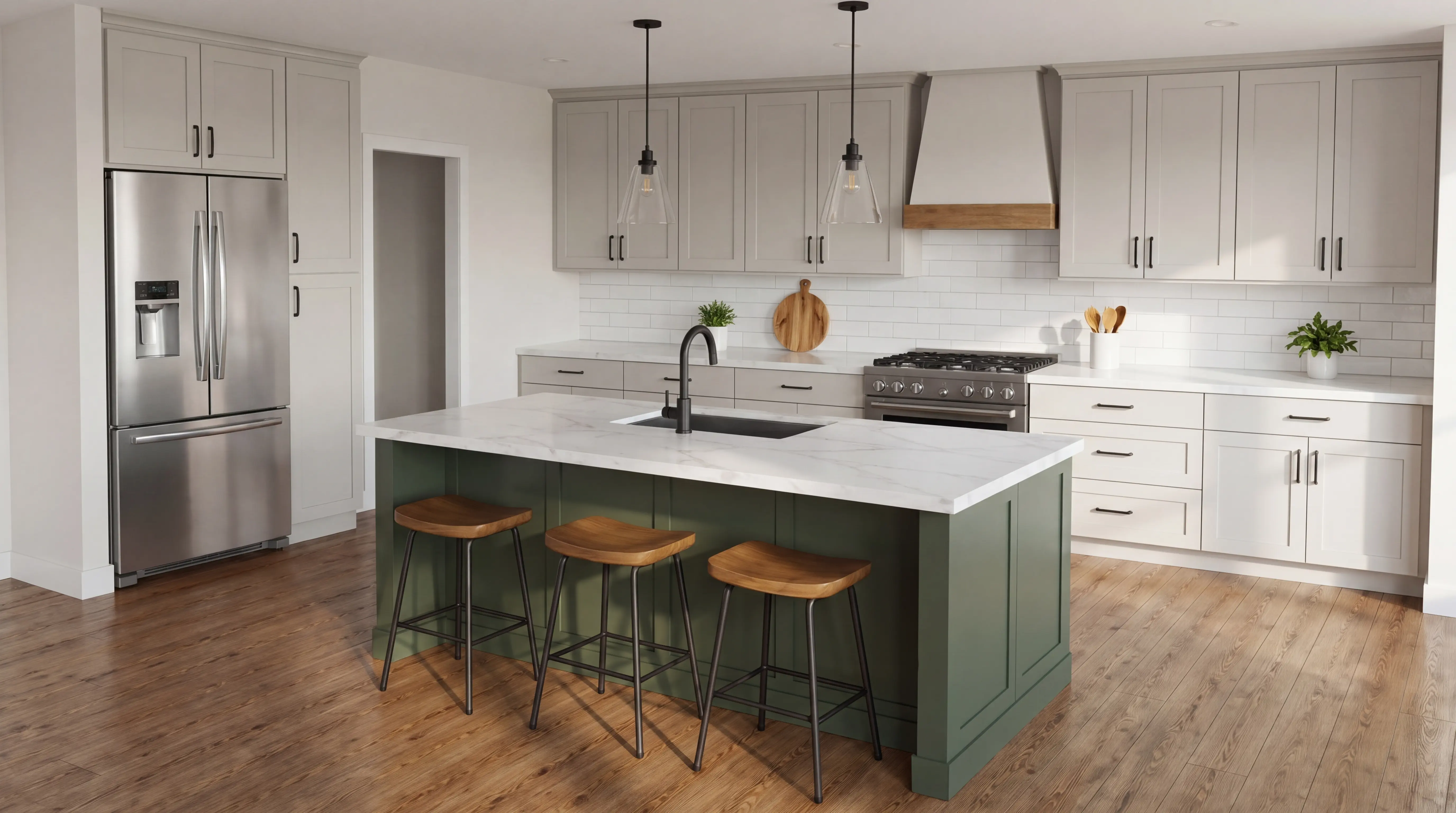 AI-enhanced photorealistic version of a modern kitchen with island and natural lighting