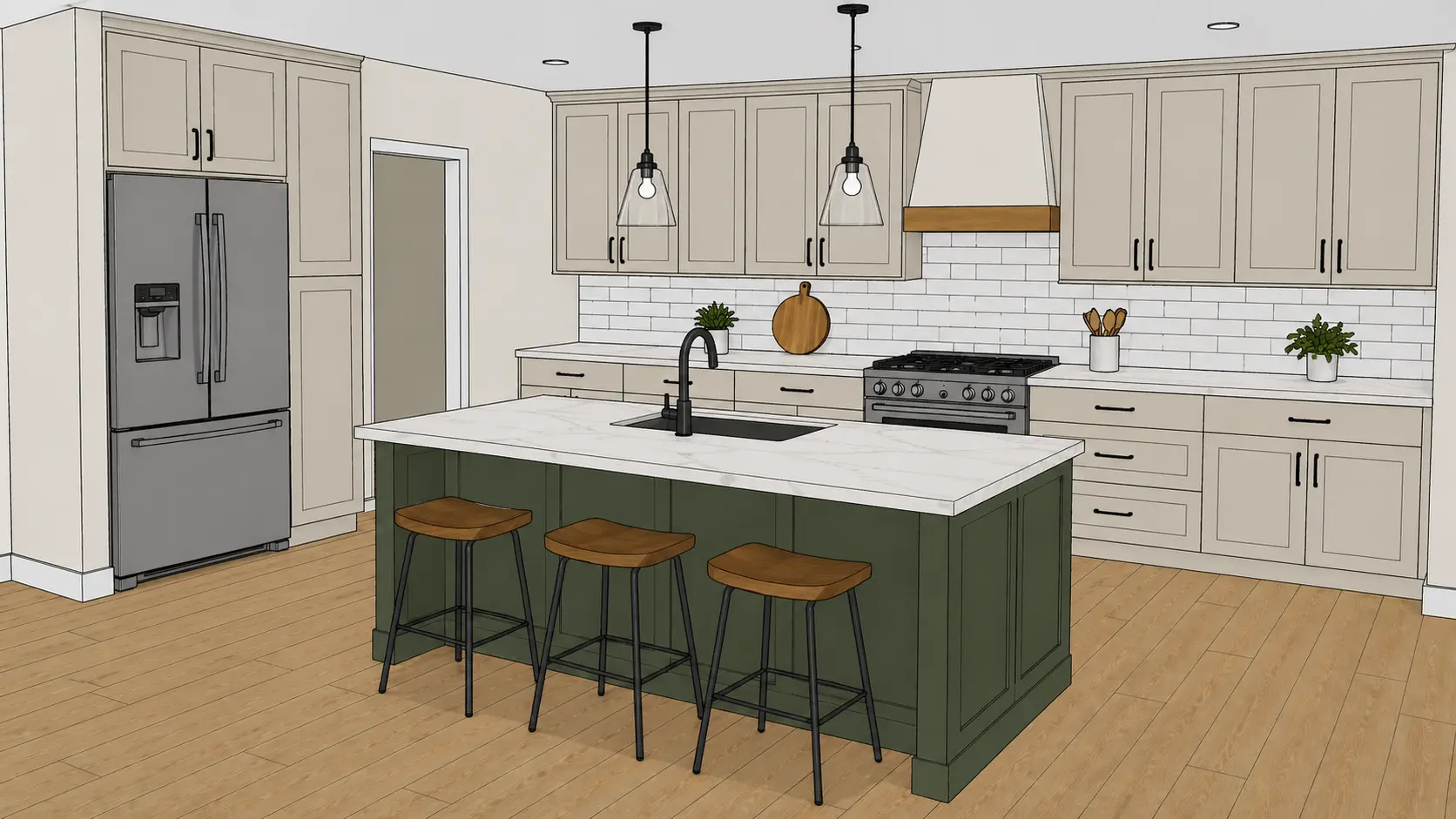Wide 3D SketchUp-style rendering of a modern kitchen featuring a central island, bar stools, and neutral cabinetry